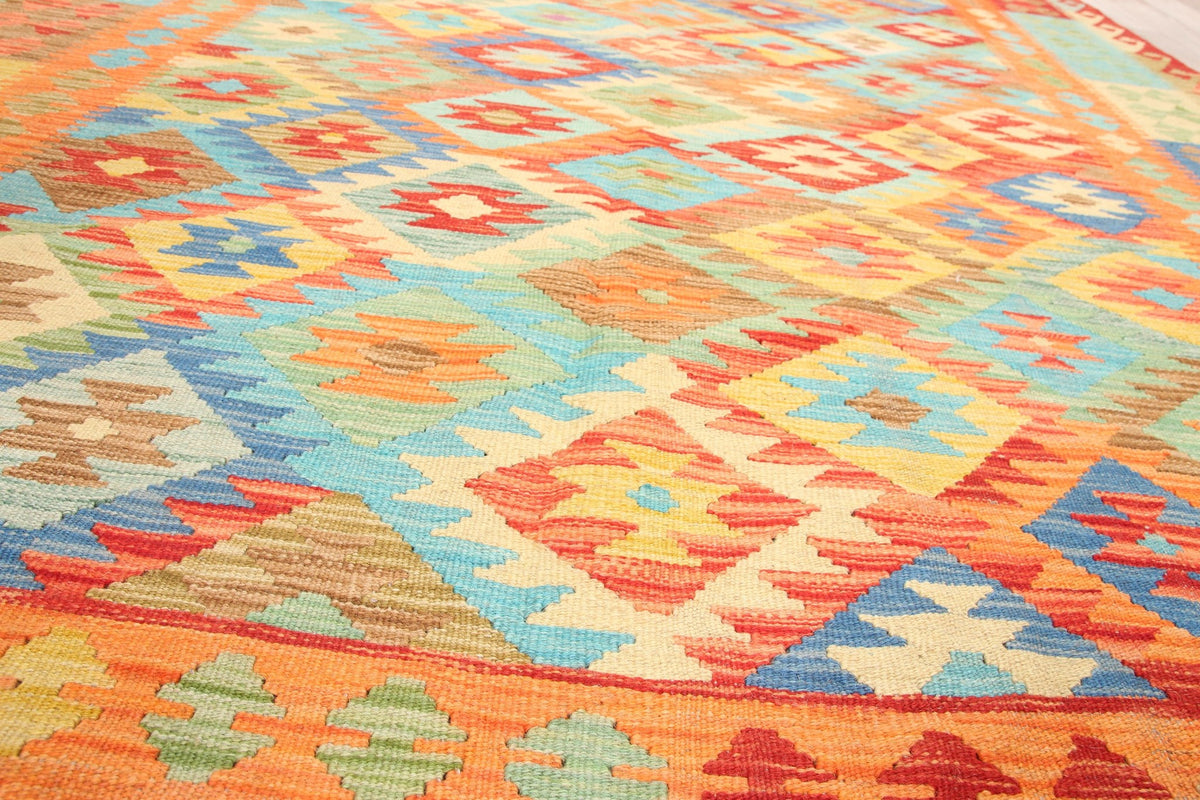 Orange and Turquoise Diamond Kilim Rug, 293 × 196 cm — view 3
