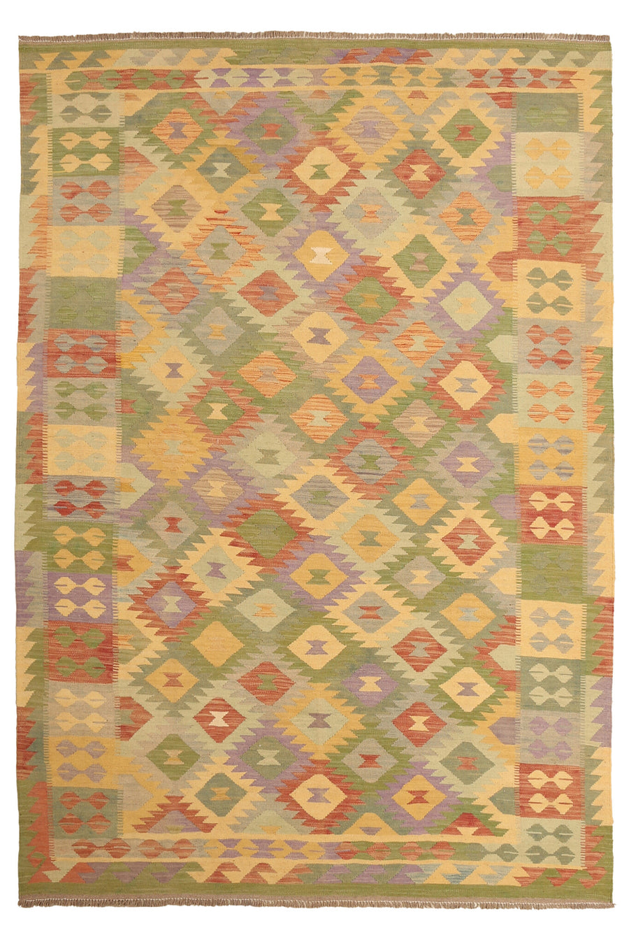 Natural Tone Diamond and Panel Kilim Rug, 294 × 200 cm — full view