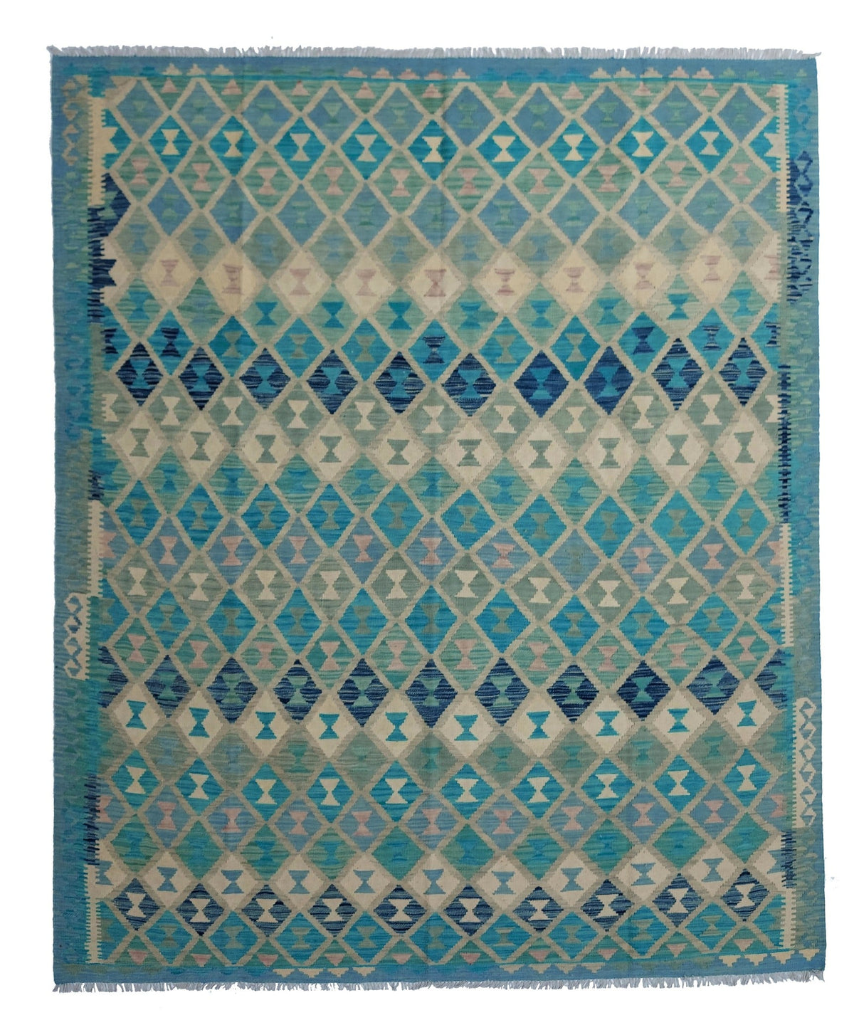 Teal Fine Diamond Row Kilim Rug, 294 × 240 cm — full view