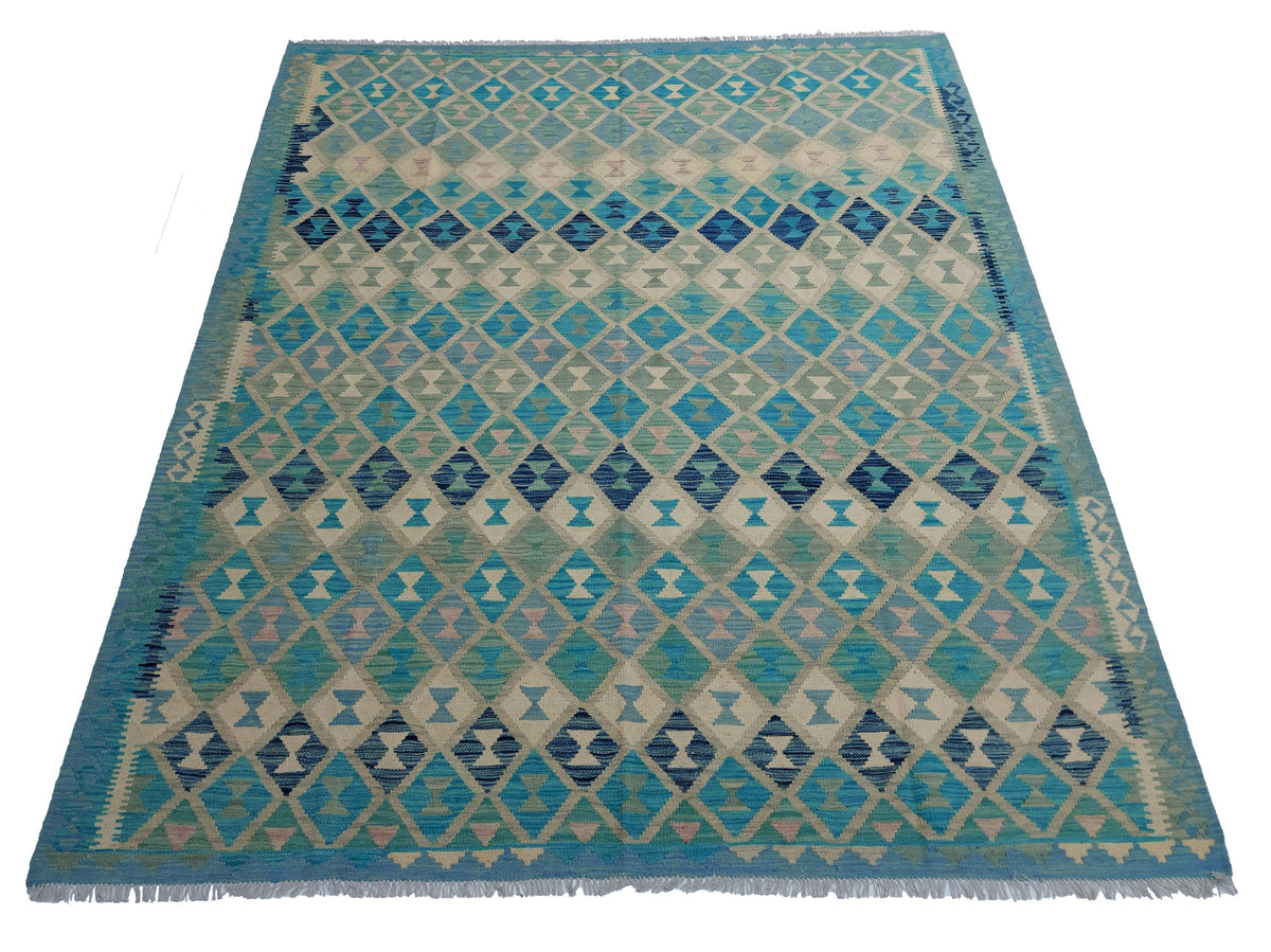 Teal Fine Diamond Row Kilim Rug, 294 × 240 cm — view 2