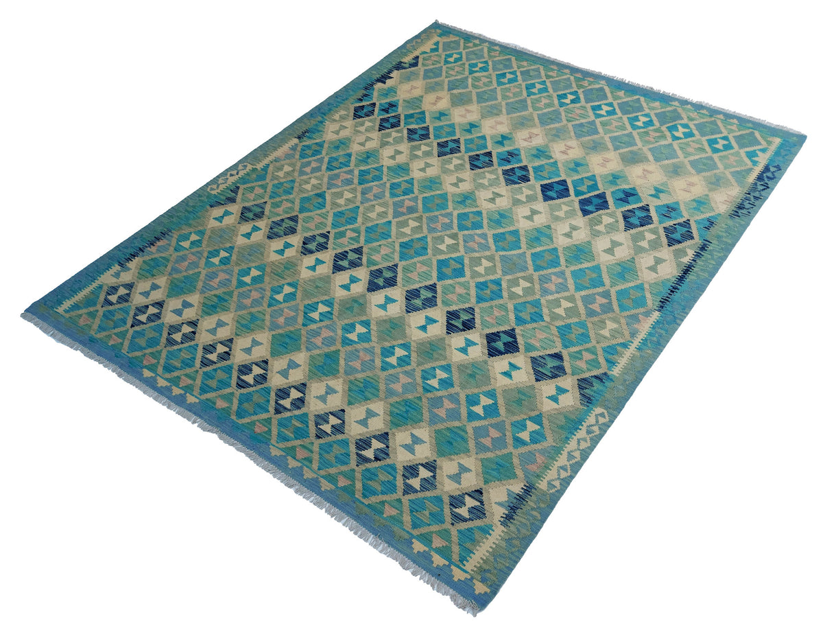 Teal Fine Diamond Row Kilim Rug, 294 × 240 cm — view 3