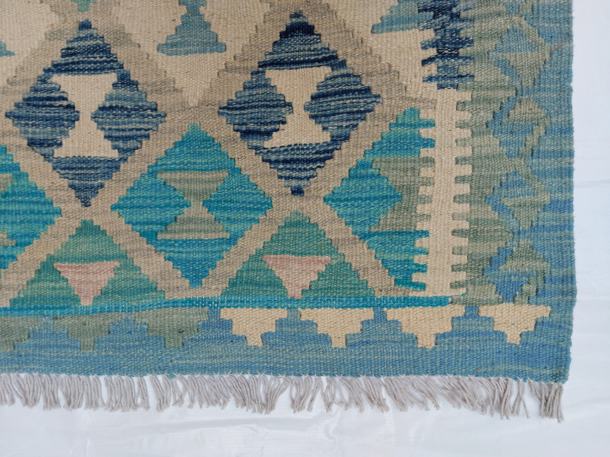 Teal Fine Diamond Row Kilim Rug, 294 × 240 cm — view 4