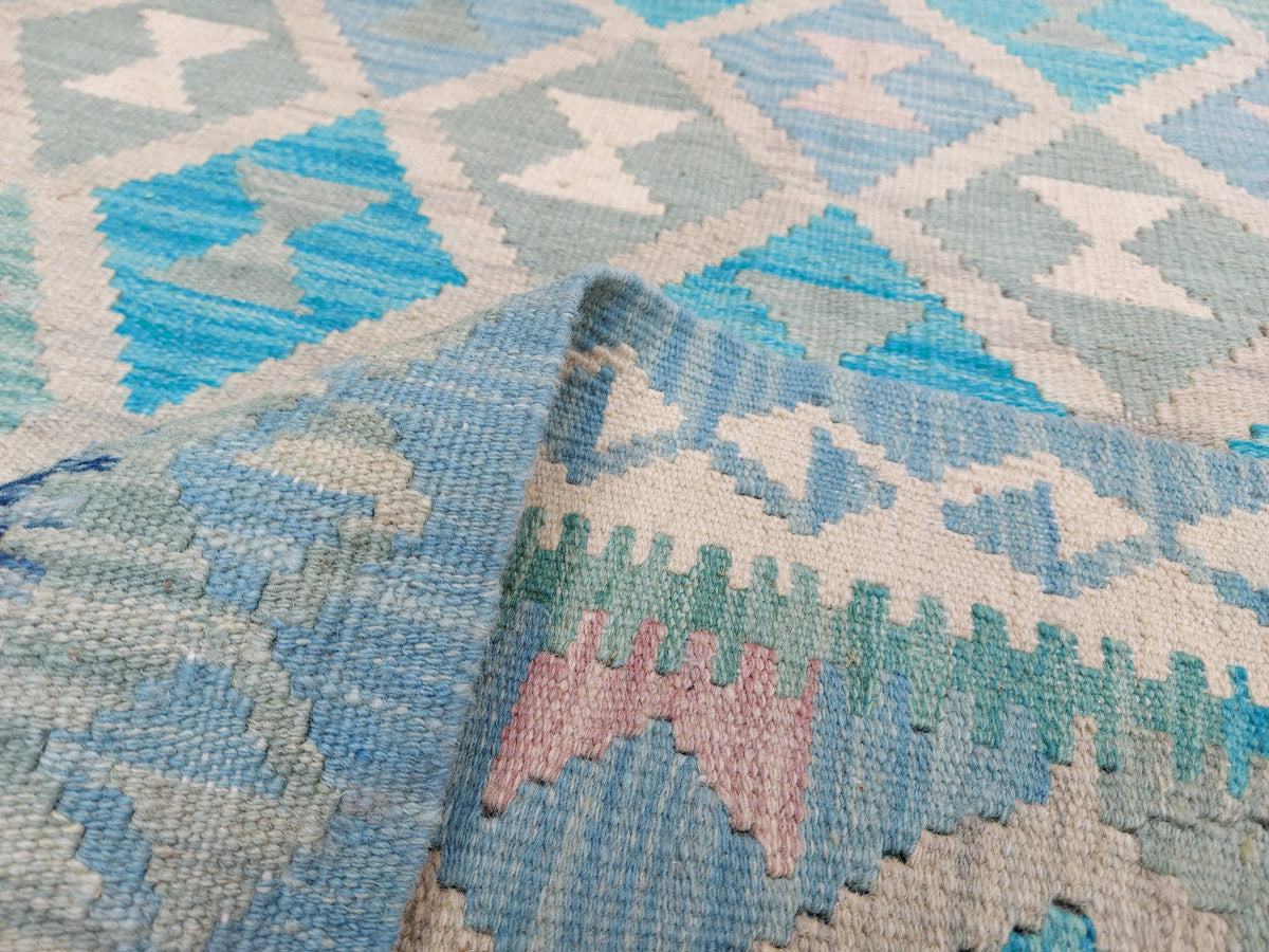 Teal Fine Diamond Row Kilim Rug, 294 × 240 cm — view 5