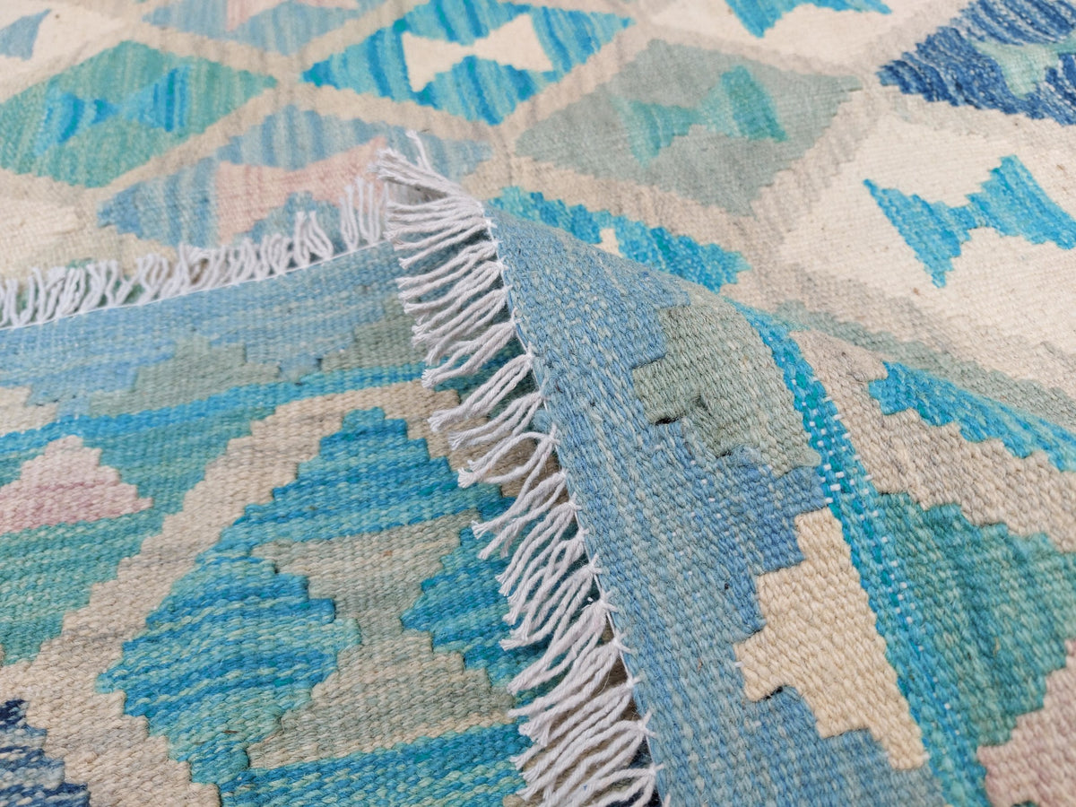 Teal Fine Diamond Row Kilim Rug, 294 × 240 cm — view 6
