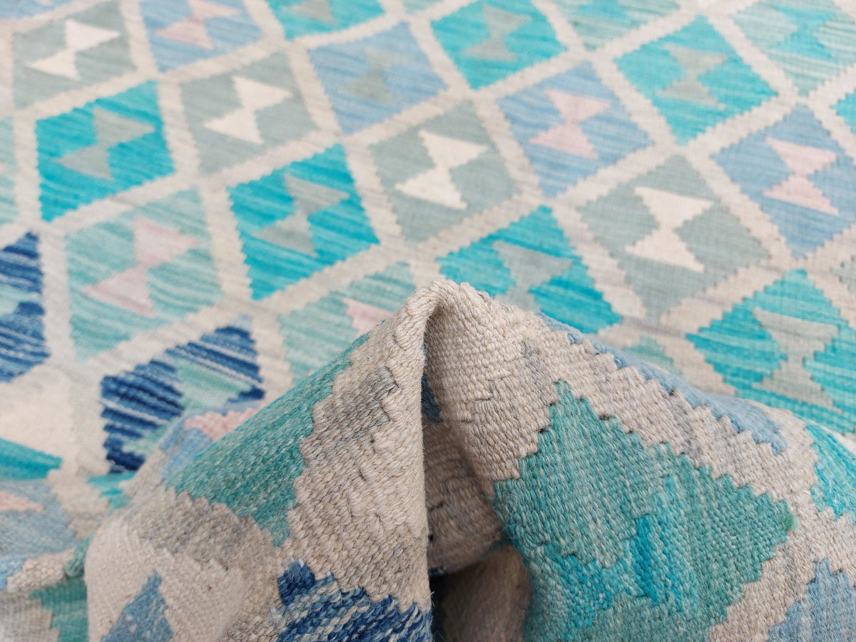 Teal Fine Diamond Row Kilim Rug, 294 × 240 cm — view 7