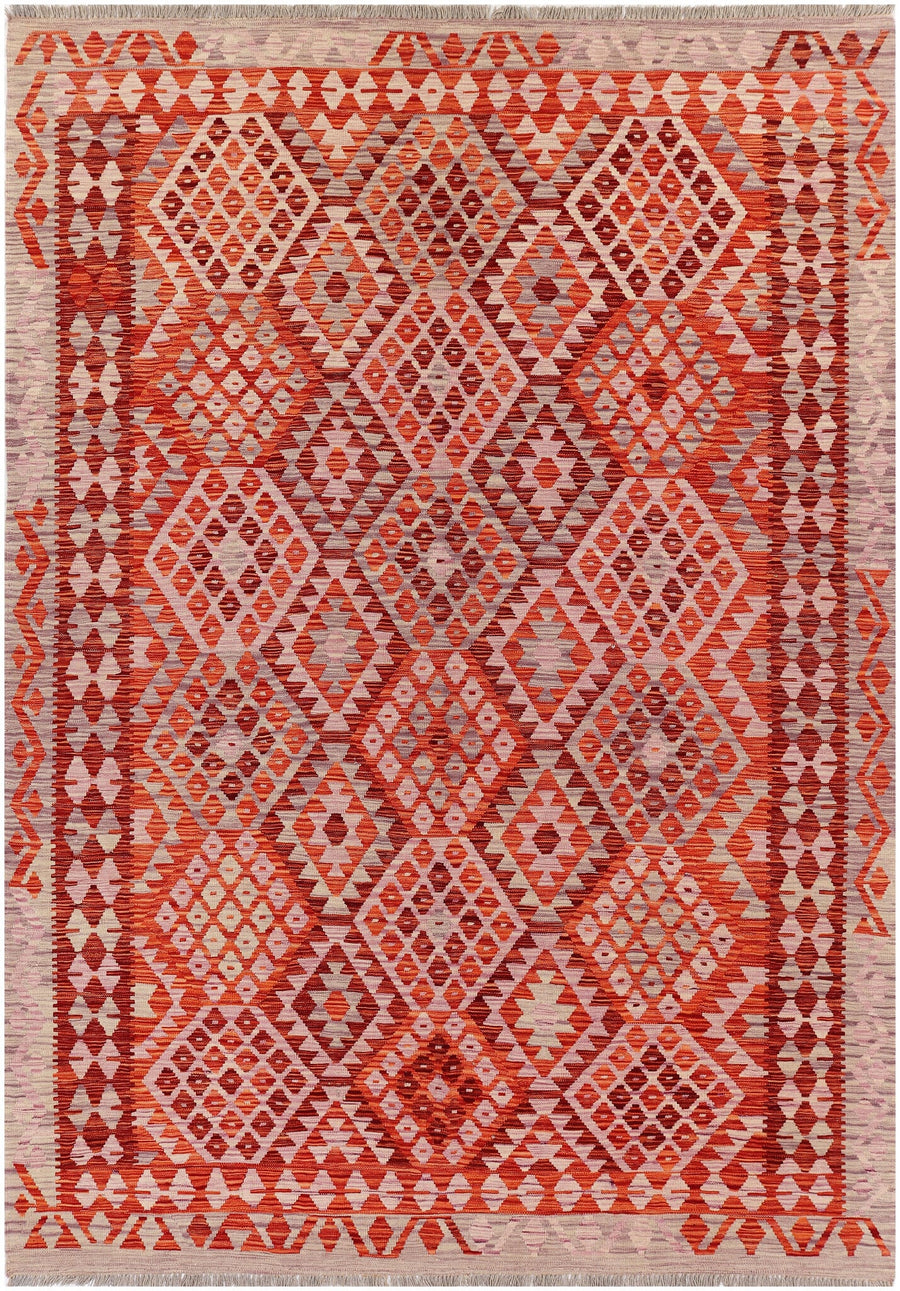 Red Kilim Rug with Fine Light Diamonds, 295 × 205 cm — full view