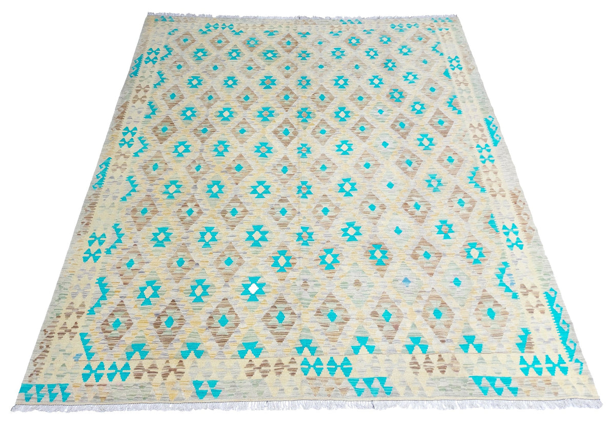 Large Kilim Rug with Turquoise Diamonds, 304 × 256 cm — view 2