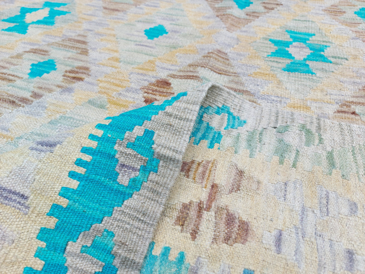 Large Kilim Rug with Turquoise Diamonds, 304 × 256 cm — view 5