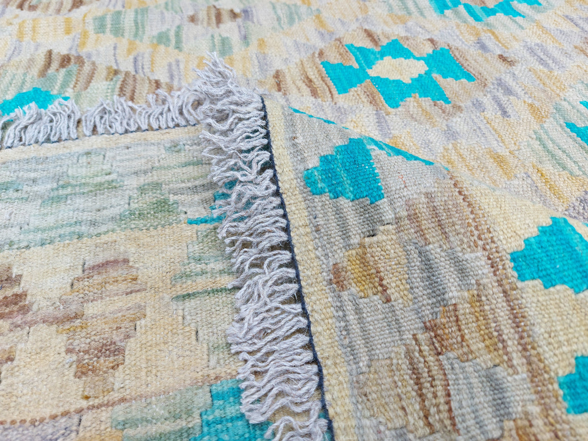 Large Kilim Rug with Turquoise Diamonds, 304 × 256 cm — view 6