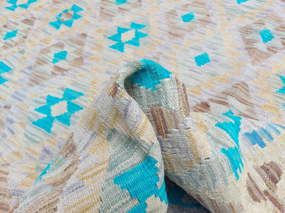 Large Kilim Rug with Turquoise Diamonds, 304 × 256 cm — view 7