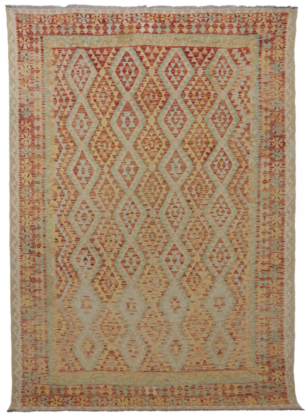 Natural Tone Fine Diamond Grid Kilim Rug, 310 × 210 cm — full view