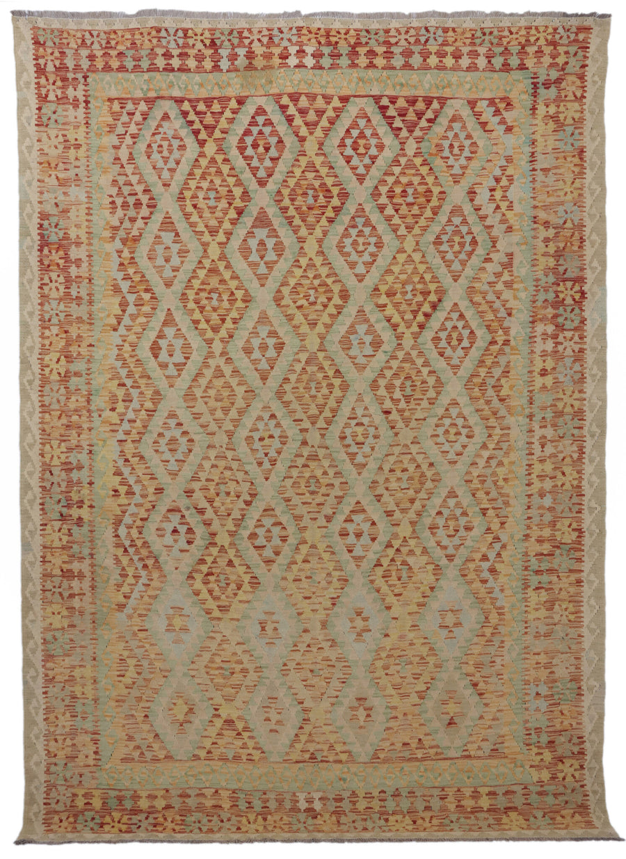 Natural Tone Fine Diamond Grid Kilim Rug, 310 × 210 cm — full view