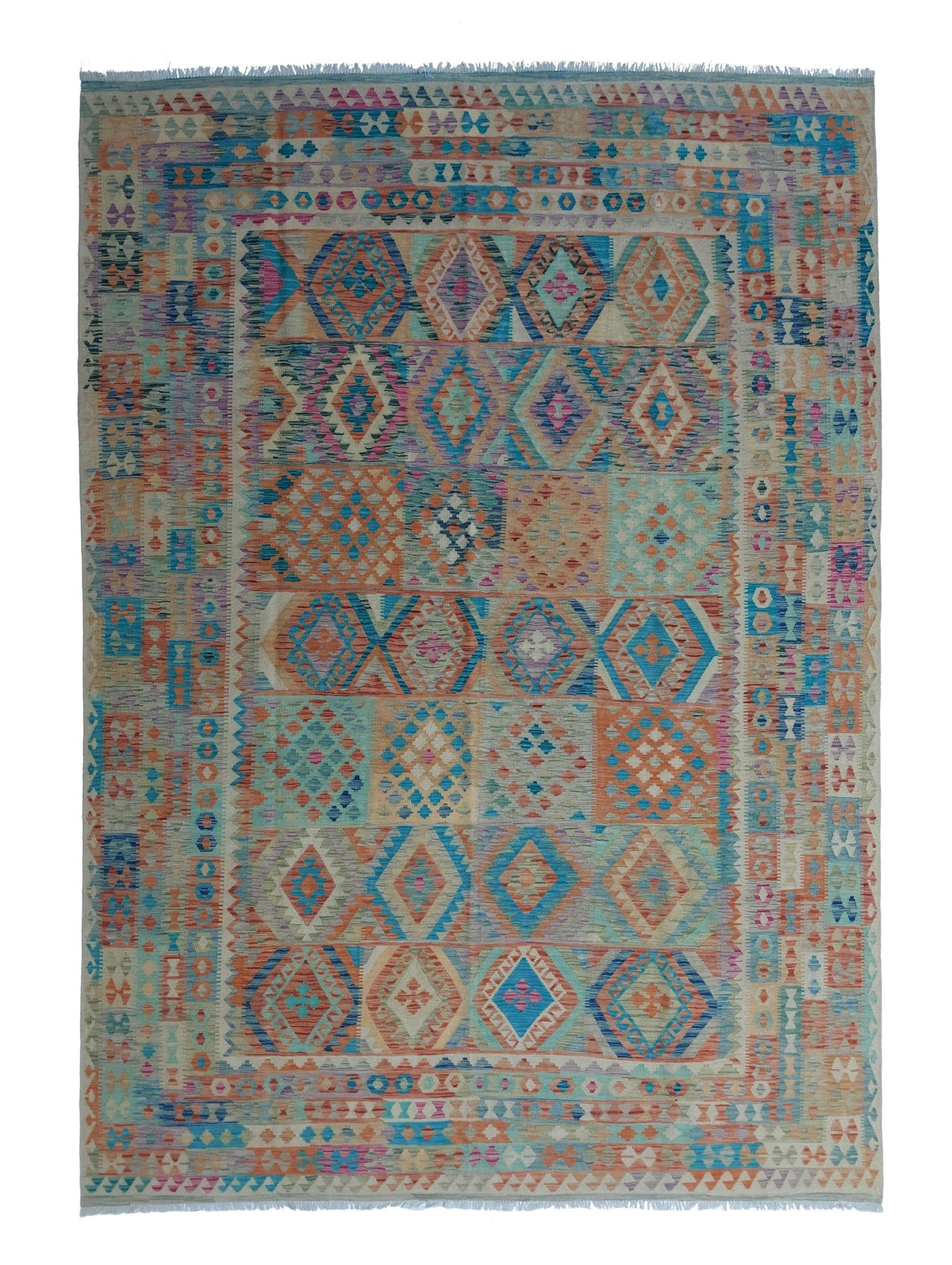 Large Blue Diamond Kilim Rug, 349 × 249 cm — full view