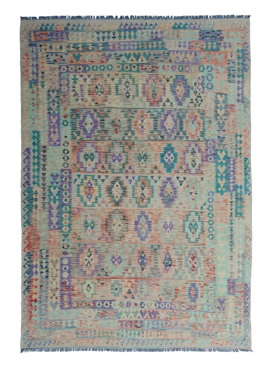 Large Teal Diamond Medallion Kilim Rug, 367 × 270 cm — full view