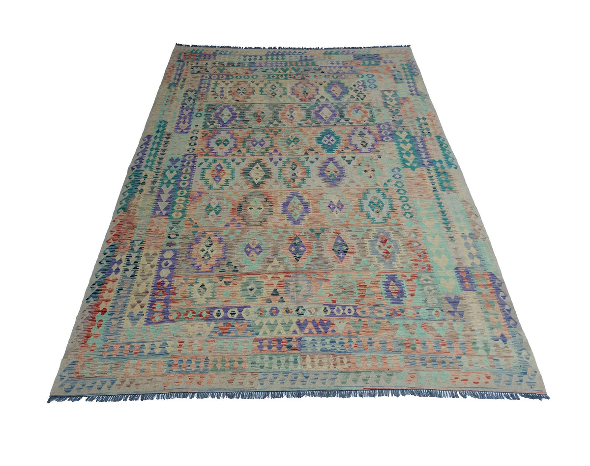 Large Teal Diamond Medallion Kilim Rug, 367 × 270 cm — view 2