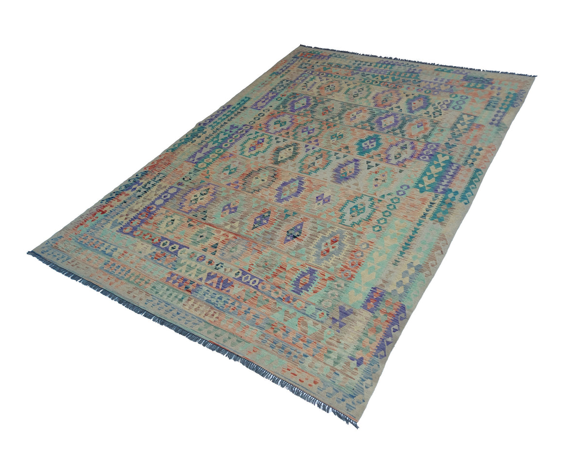 Large Teal Diamond Medallion Kilim Rug, 367 × 270 cm — view 3