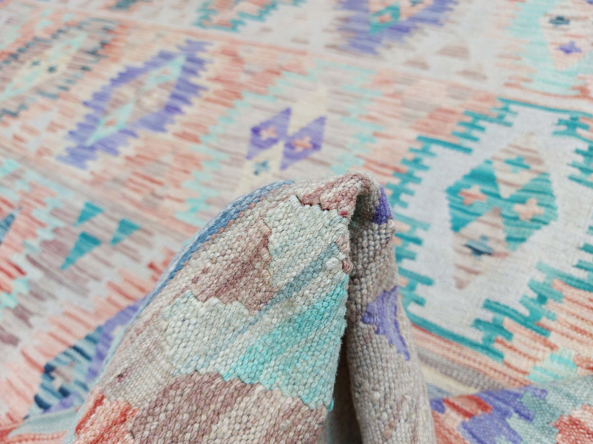 Large Teal Diamond Medallion Kilim Rug, 367 × 270 cm — view 6