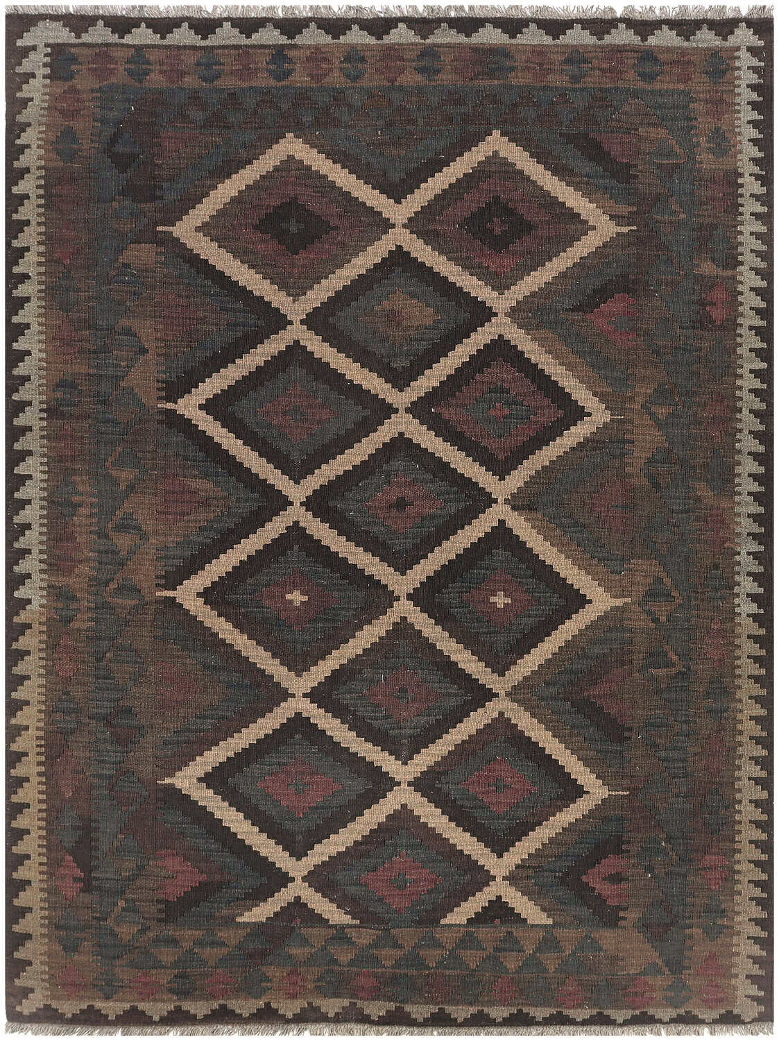 Dark Kilim Rug with Light Diamond Outlines, 202 × 150 cm — view 1
