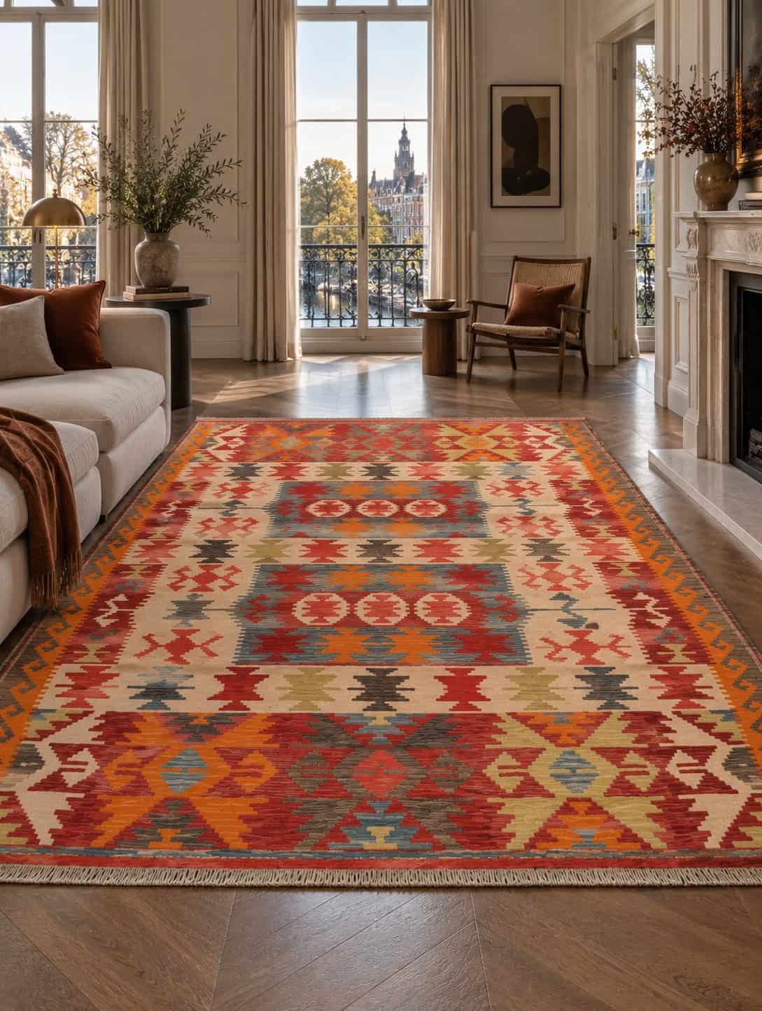 Red and Cream Medallion Kilim Rug, 295 × 204 cm — view 1