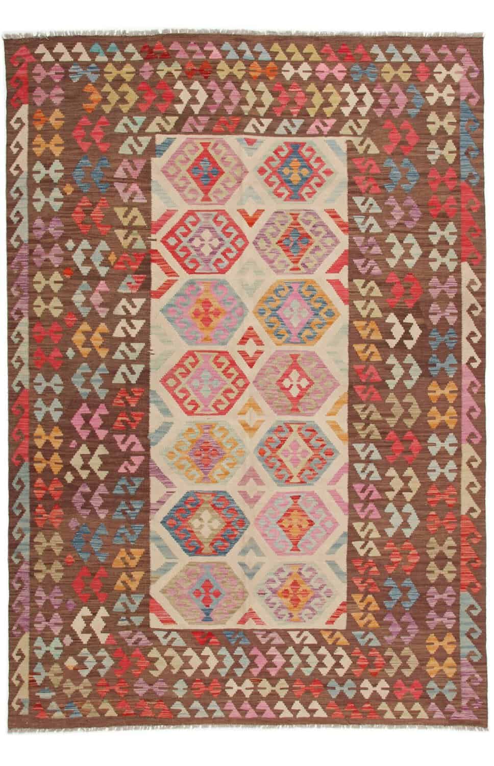 Kilim Rug with Red Border and Light Center, 296 × 200 cm — view 1
