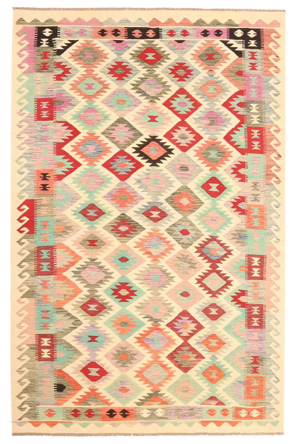 Light Kilim Rug with Pink and Green Diamonds, 298 × 192 cm — full view