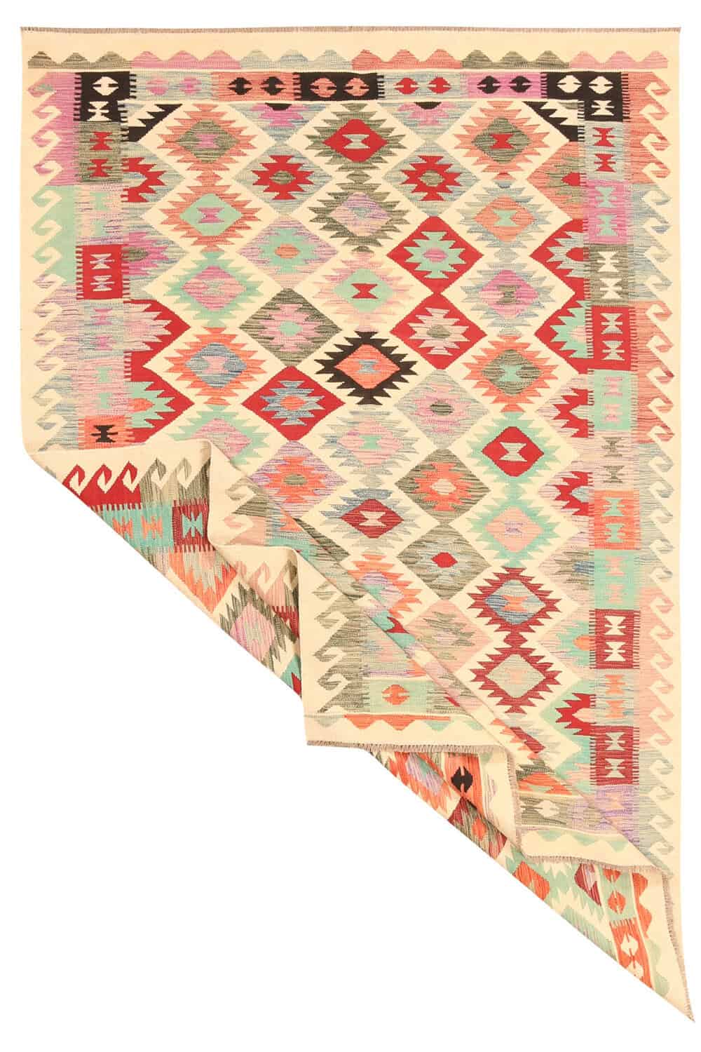 Light Kilim Rug with Pink and Green Diamonds, 298 × 192 cm — view 2