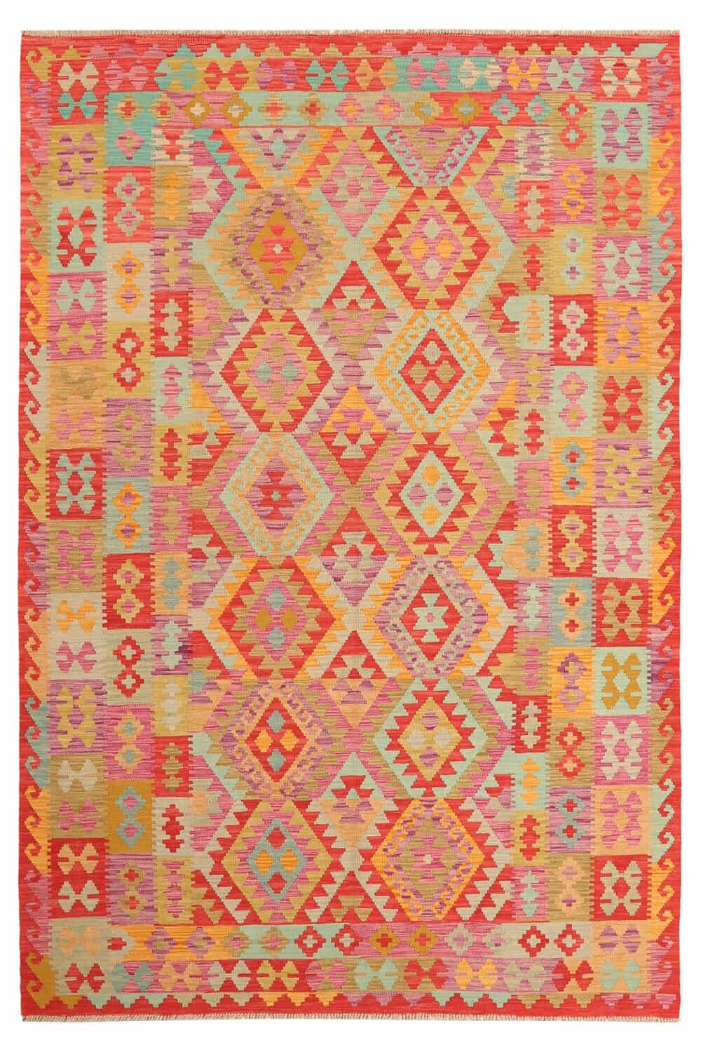Colorful Diamond and Panel Kilim Rug, 298 × 201 cm — view 1