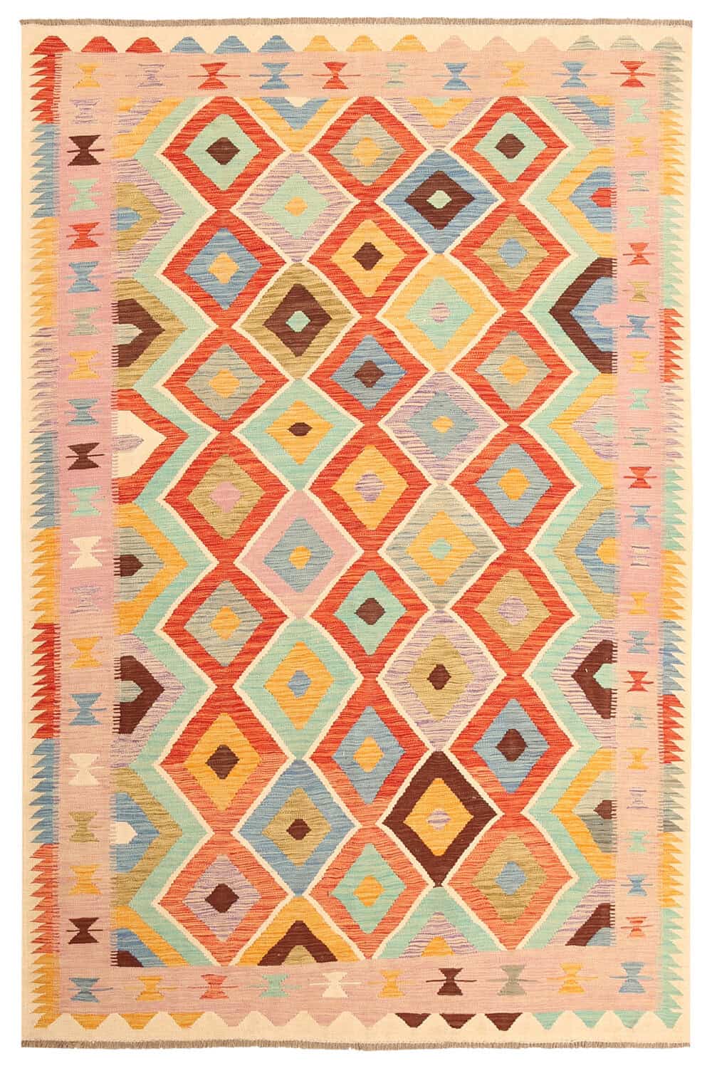 Pastel Kilim Rug with Large Diamonds, 299 × 196 cm — full view