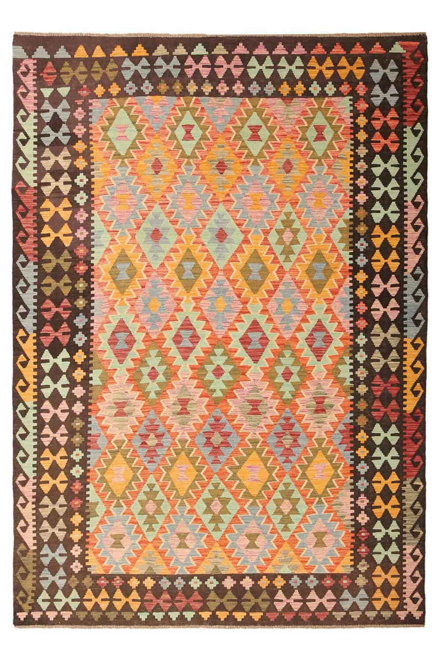 Colorful Kilim Rug with Brown Border, 299 × 206 cm — full view