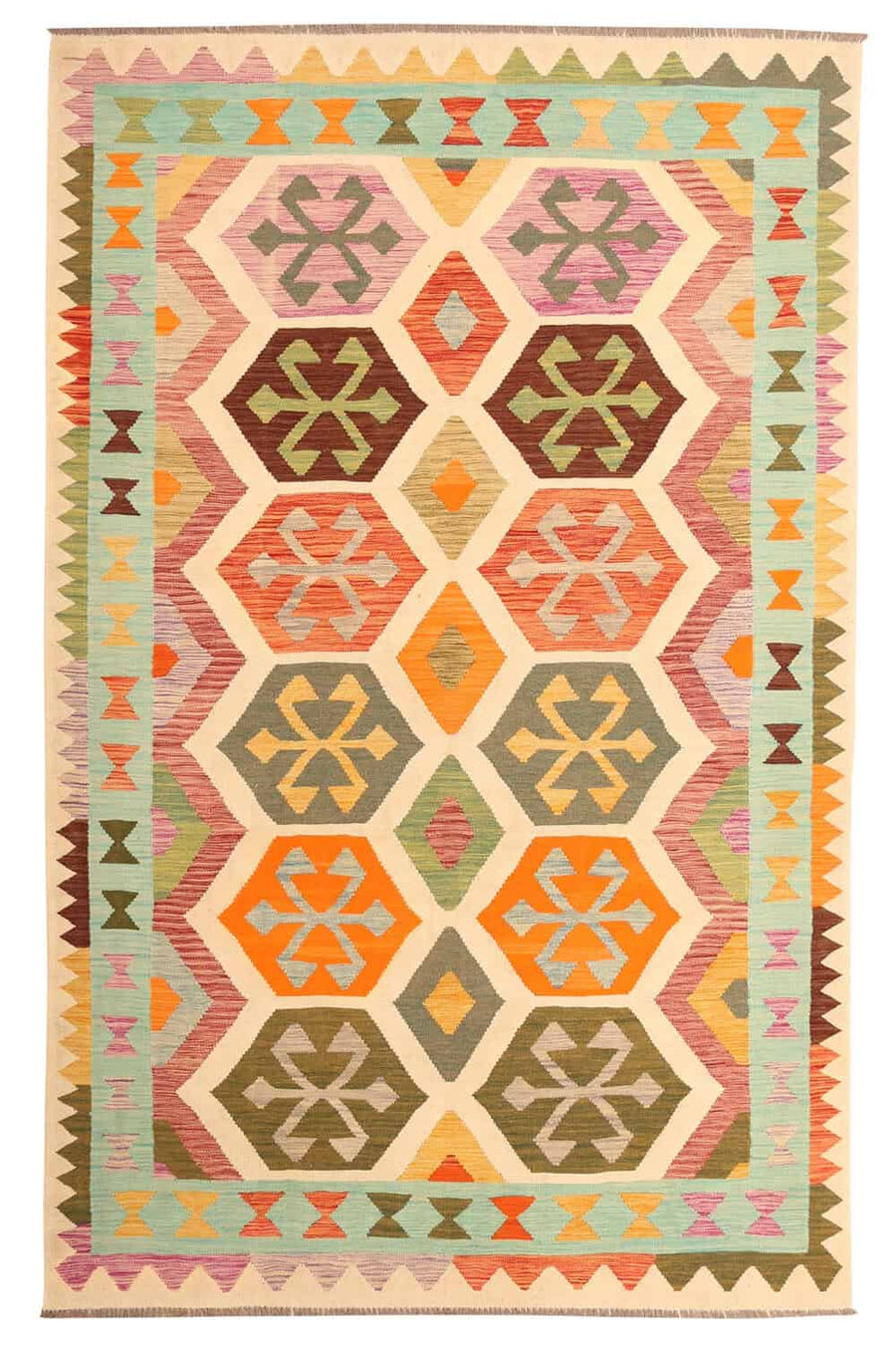 Hexagonal Medallion Kilim Rug, 302 × 192 cm — full view