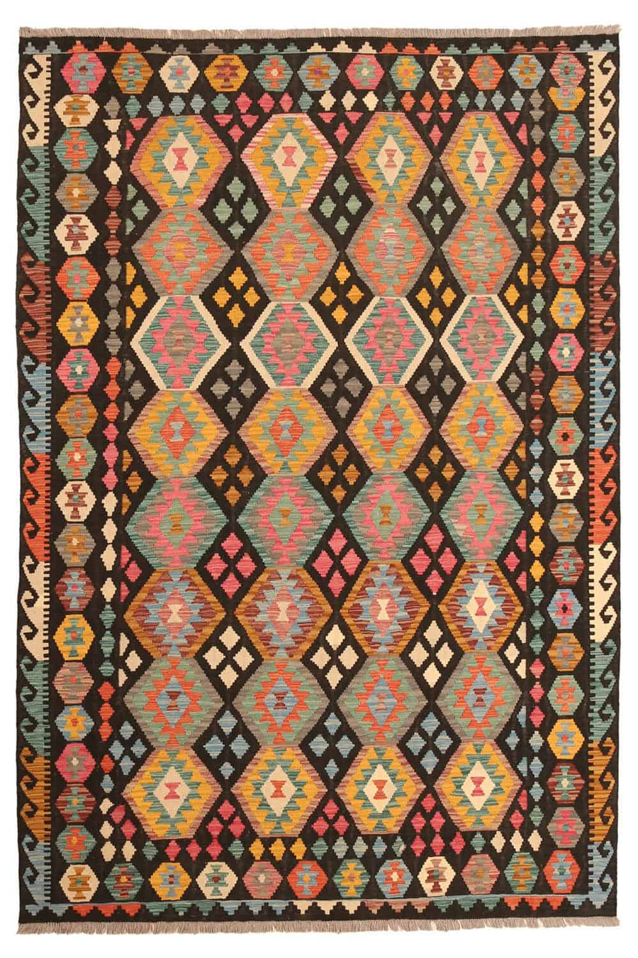 Black Ground Colorful Diamond Kilim Rug, 303 × 204 cm — view 1