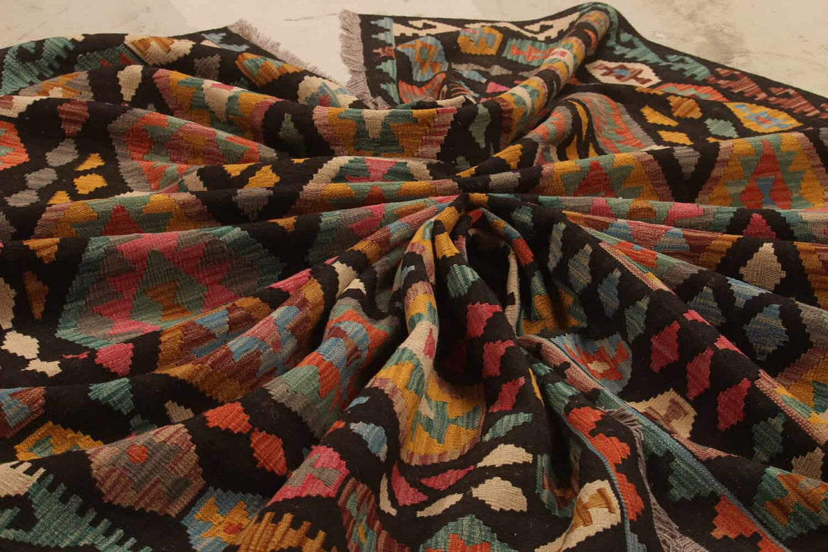 Black Ground Colorful Diamond Kilim Rug, 303 × 204 cm — view 9