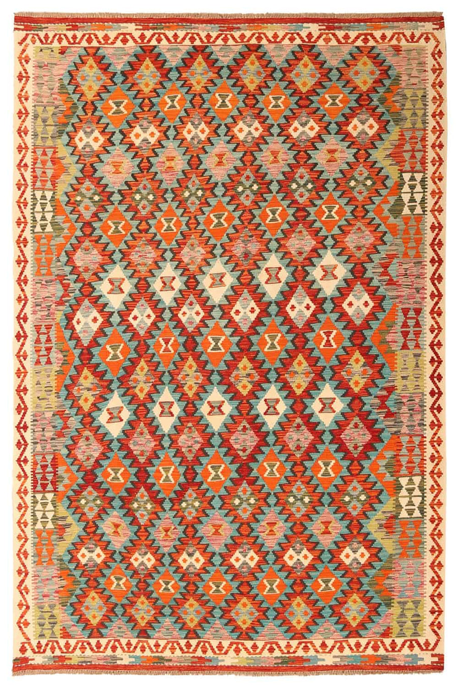 Red Kilim Rug with Fine Diamonds, 304 × 199 cm — full view
