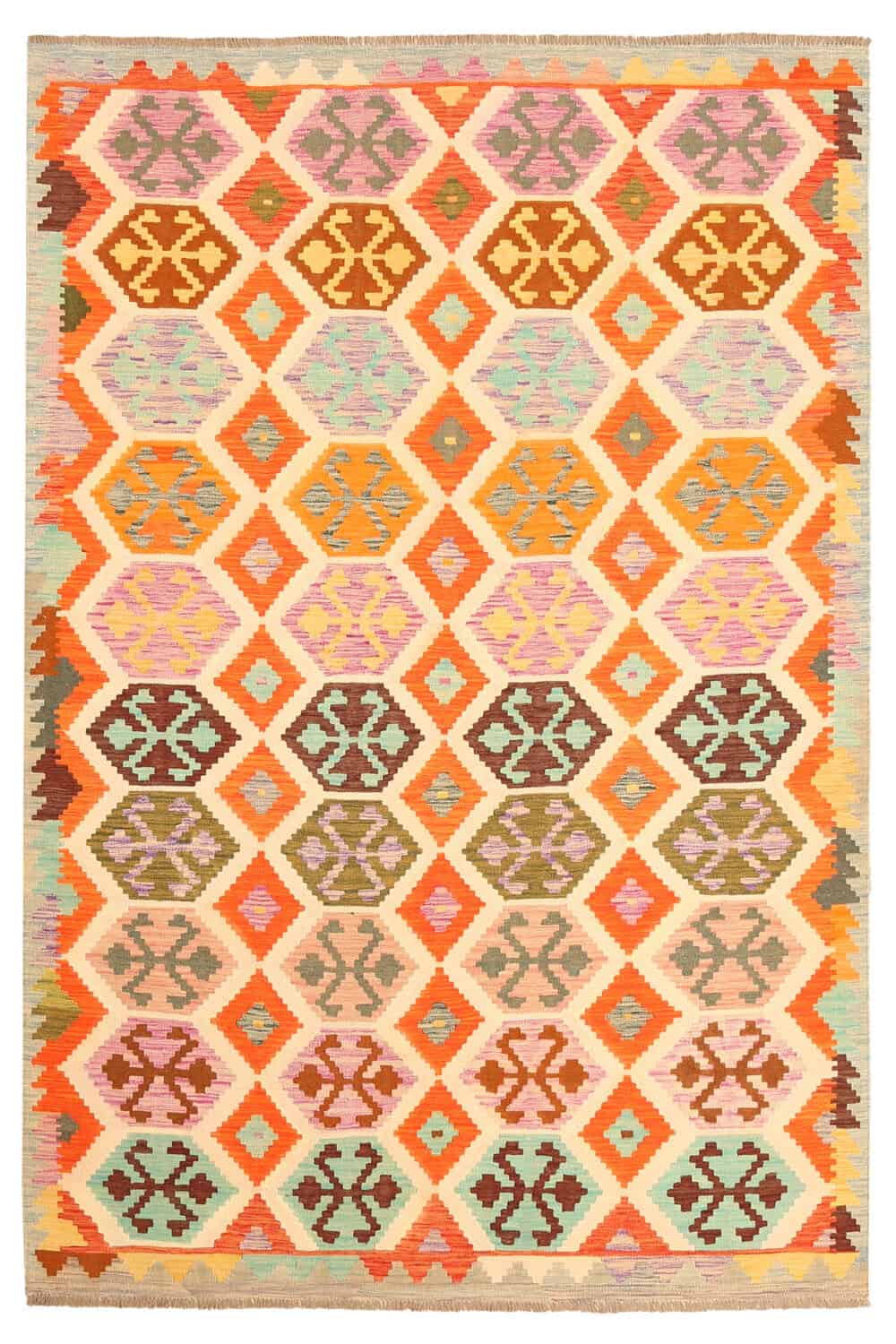 Colorful Hexagon Kilim Rug, 305 × 203 cm — full view