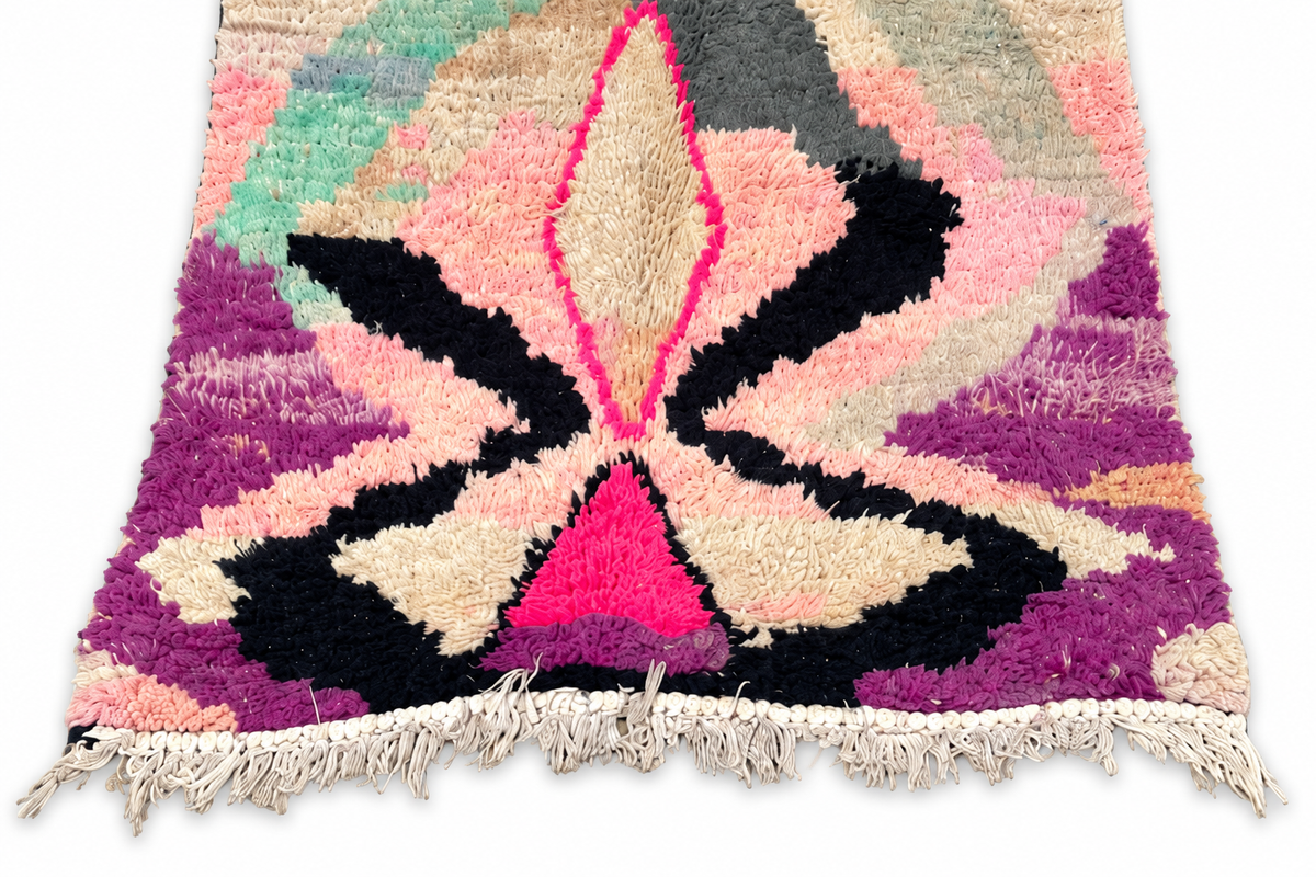 Edge detail of Pastel Vintage Moroccan Rug with Abstract Motifs, 180 × 100 cm.