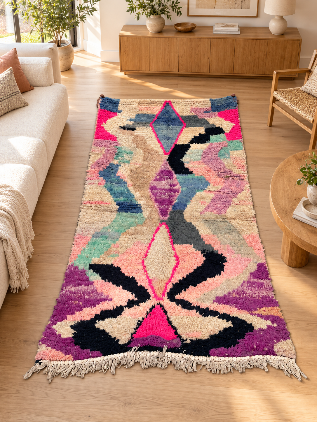 AI-generated room inspiration: Pastel Vintage Moroccan Rug with Abstract Motifs, 180 × 100 cm.