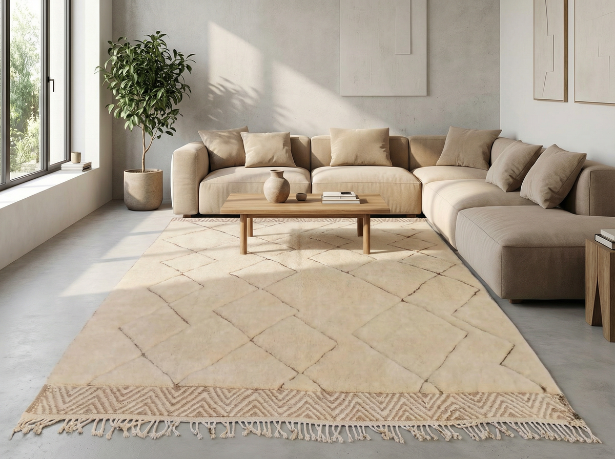 Beni Ourain wool rug, large, widely spaced diamonds on a cream wool ground in a living room setting