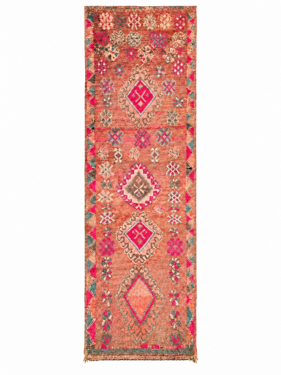 Pink Vintage Moroccan Runner with Colorful Diamonds, 390 × 110 cm.