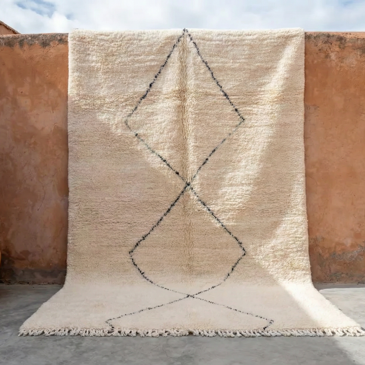 Beni Ourain wool rug, large open diamond shapes on a cream wool ground, product view 5
