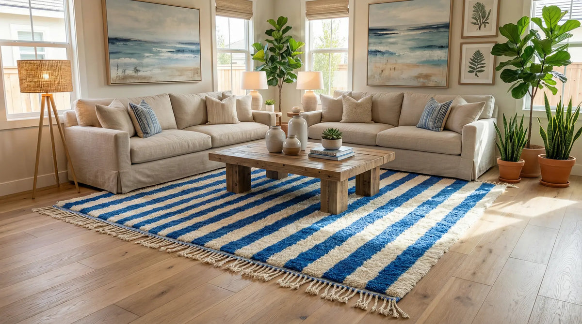 Mrirt wool rug, blue and cream ground with broad lengthwise stripes, product view 2