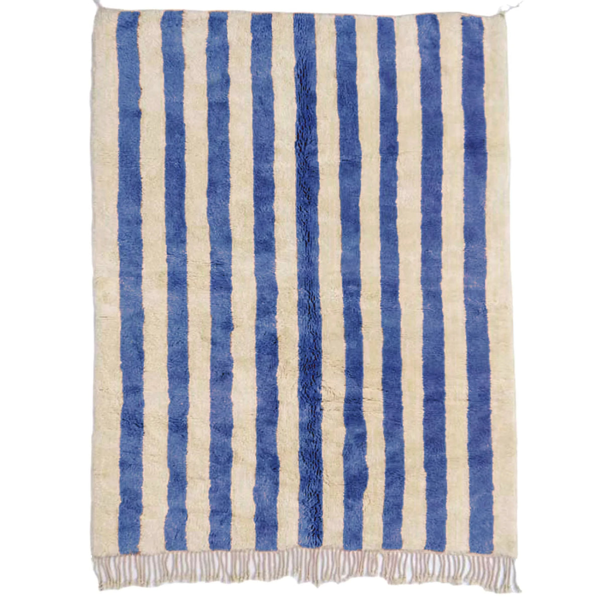 Front view of Mrirt wool rug, blue and cream ground with broad lengthwise stripes