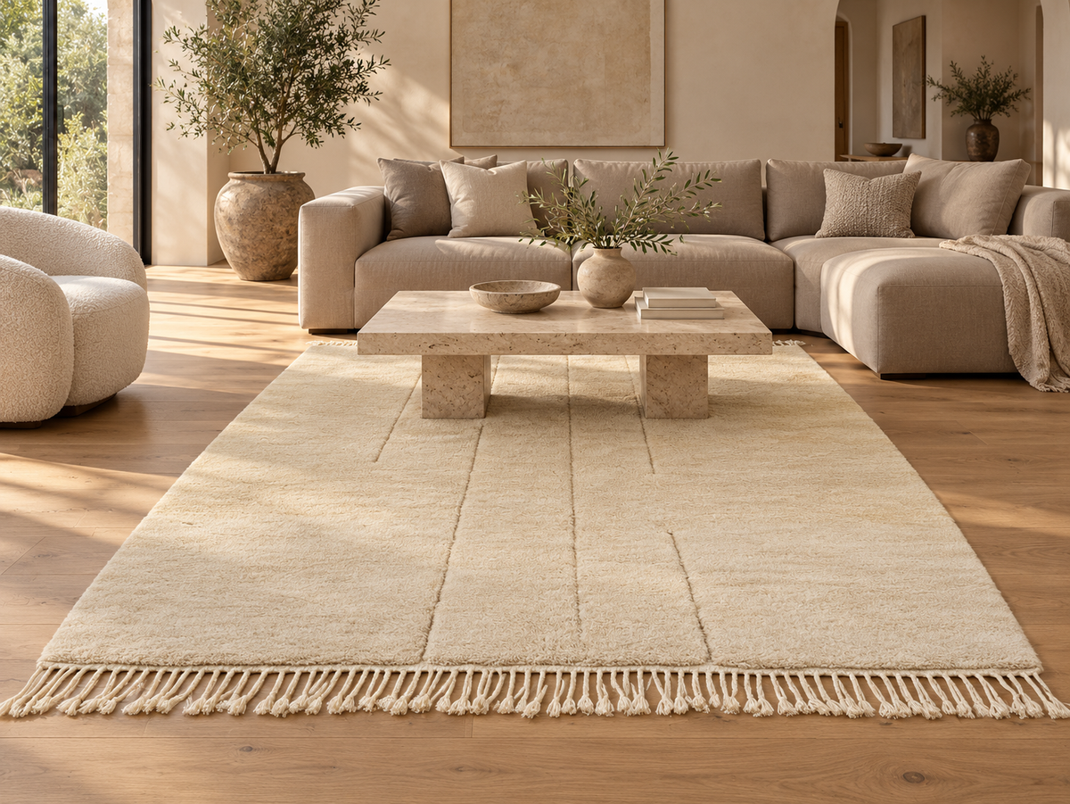 Room visualization featuring Cream Mrirt Wool Rug with Raised Lines, 300 × 200 cm.