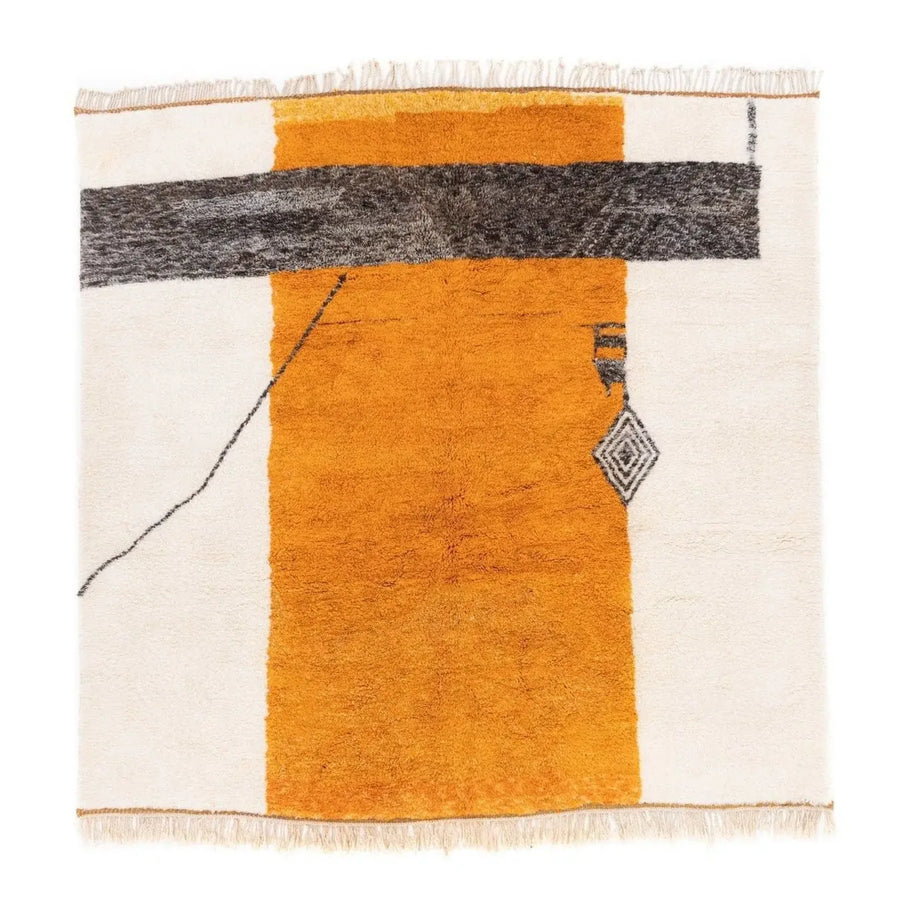 Front view of Mrirt wool rug, cream ground with orange and dark color blocks