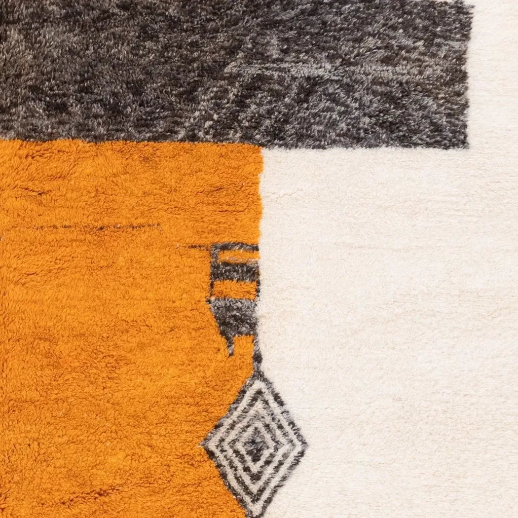 Mrirt wool rug, cream ground with orange and dark color blocks, product view 3