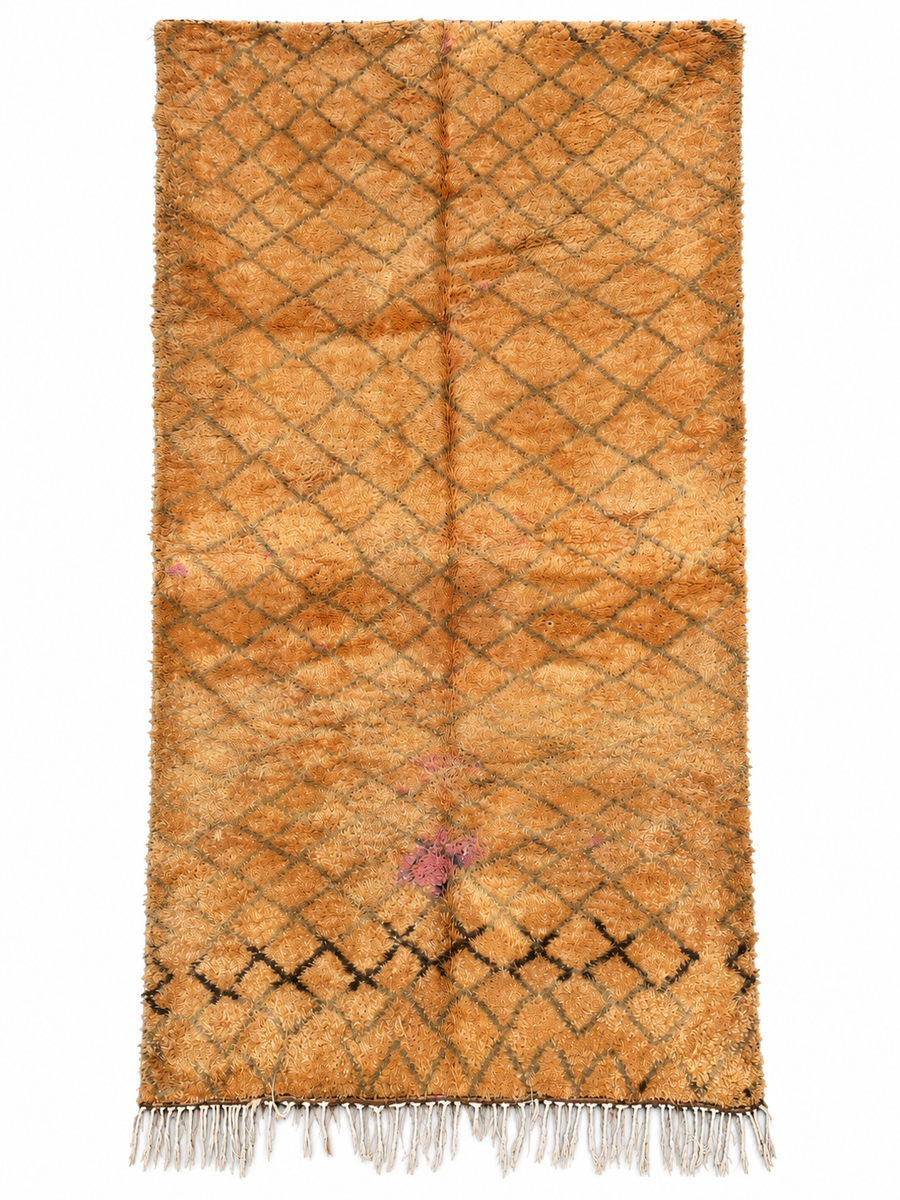Ochre Vintage Moroccan Rug with Dark Diamond Row, 370 × 195 cm.