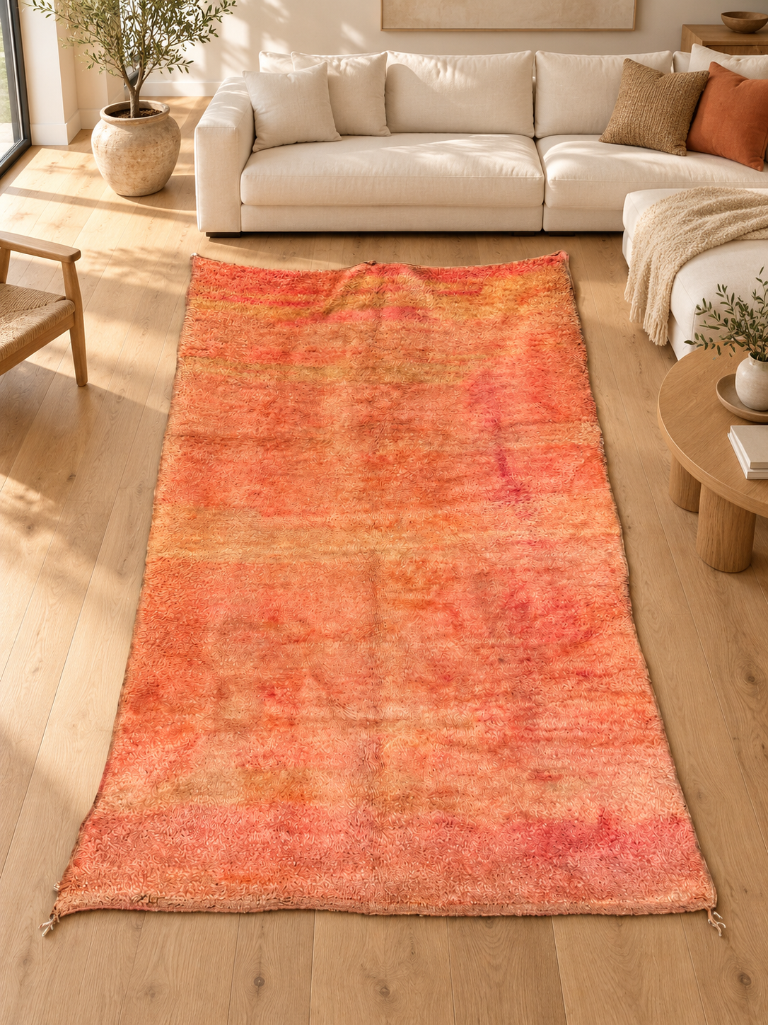 AI-generated room inspiration: Orange Vintage Moroccan Rug with Tonal Patina, 244 × 164 cm.