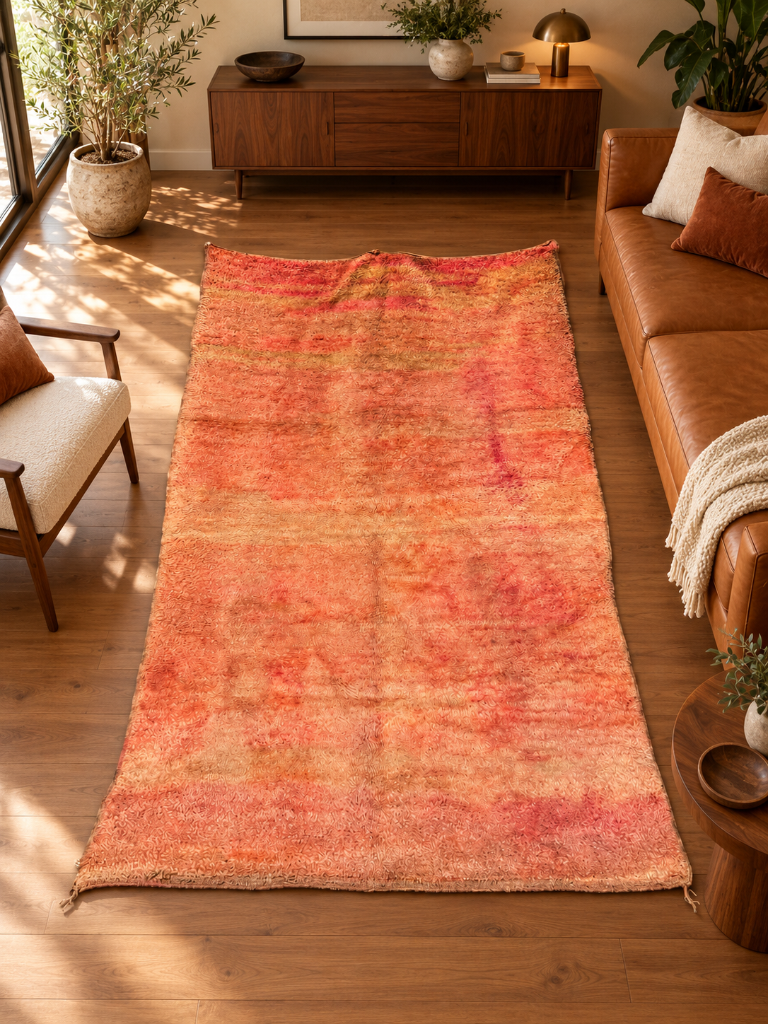 AI-generated room inspiration: Orange Vintage Moroccan Rug with Tonal Patina, 244 × 164 cm.