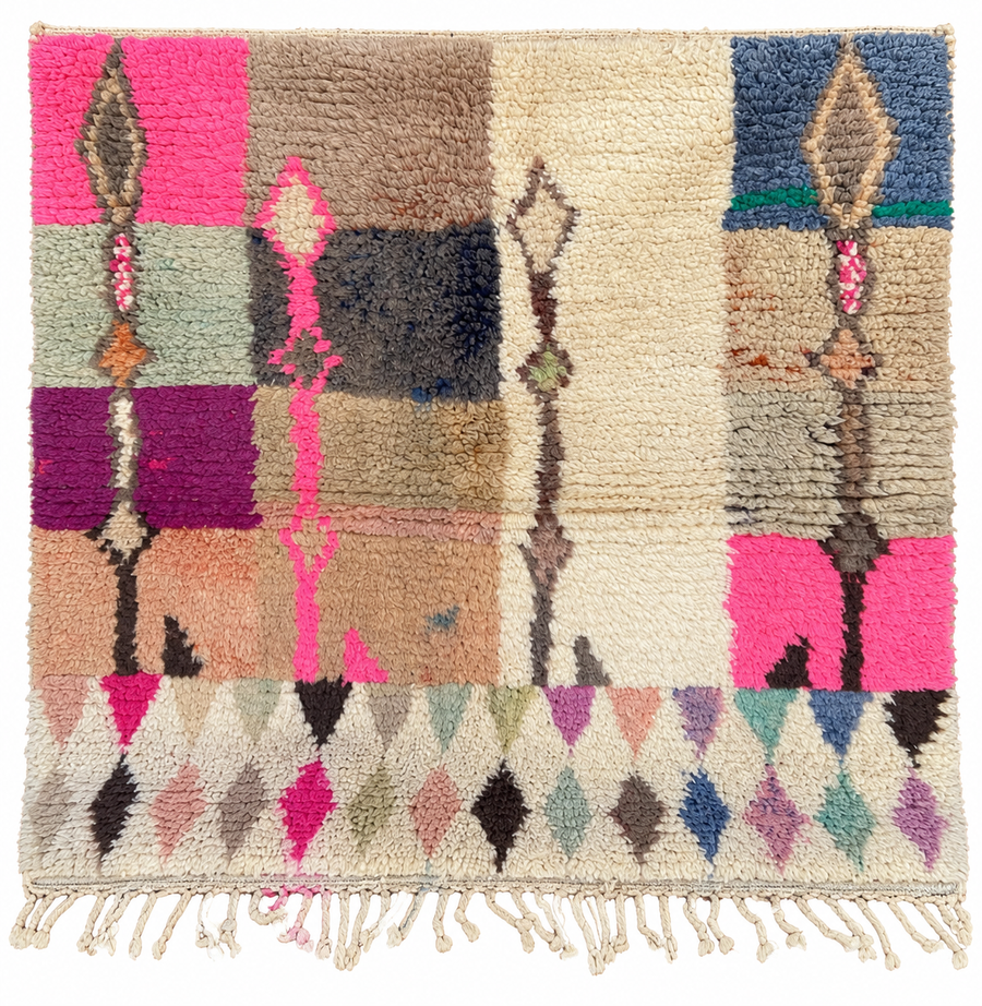 Square Cream Moroccan Rug with Colorful Blocks, 154 × 154 cm.