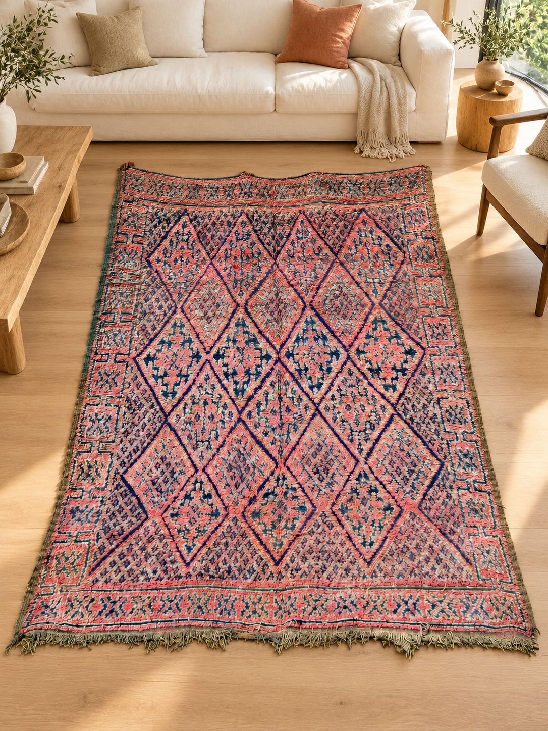 AI-generated room inspiration: Pink and Gray Vintage Moroccan Rug with Dark Diamonds, 274 × 216 cm.