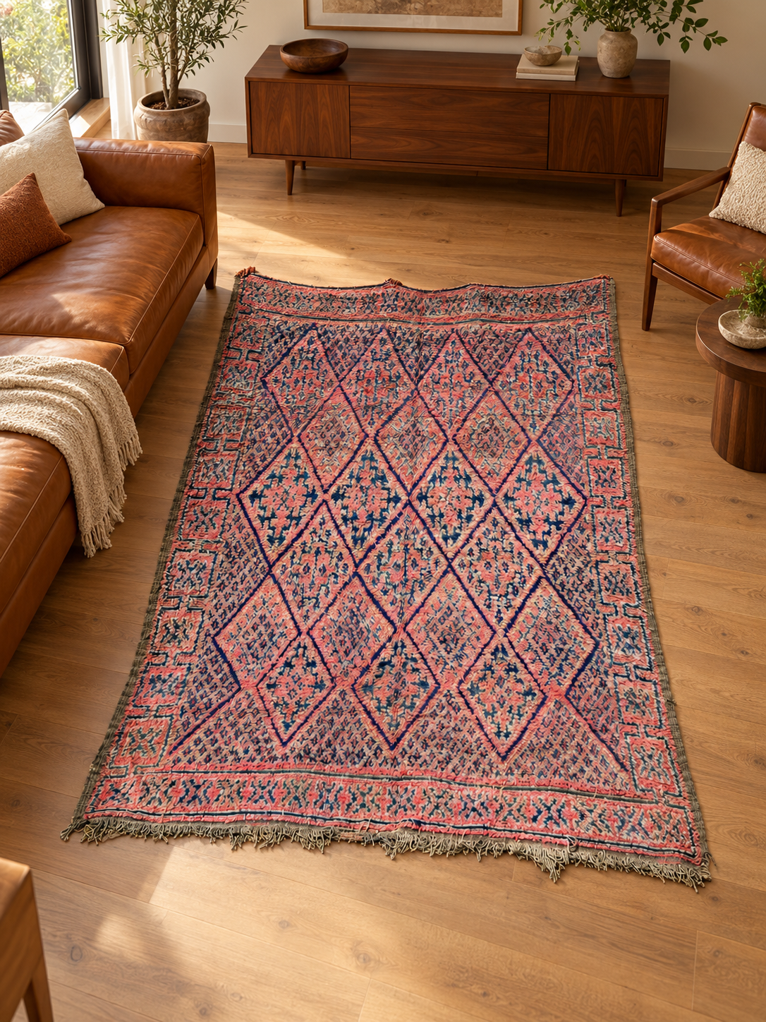 AI-generated room inspiration: Pink and Gray Vintage Moroccan Rug with Dark Diamonds, 274 × 216 cm.